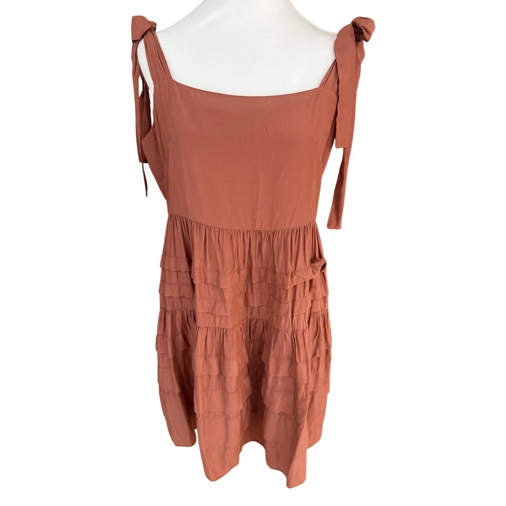 Mittoshop Mini Dress Ruffled Tiered Tie Strap Rust Peasant Boho Festival Large
